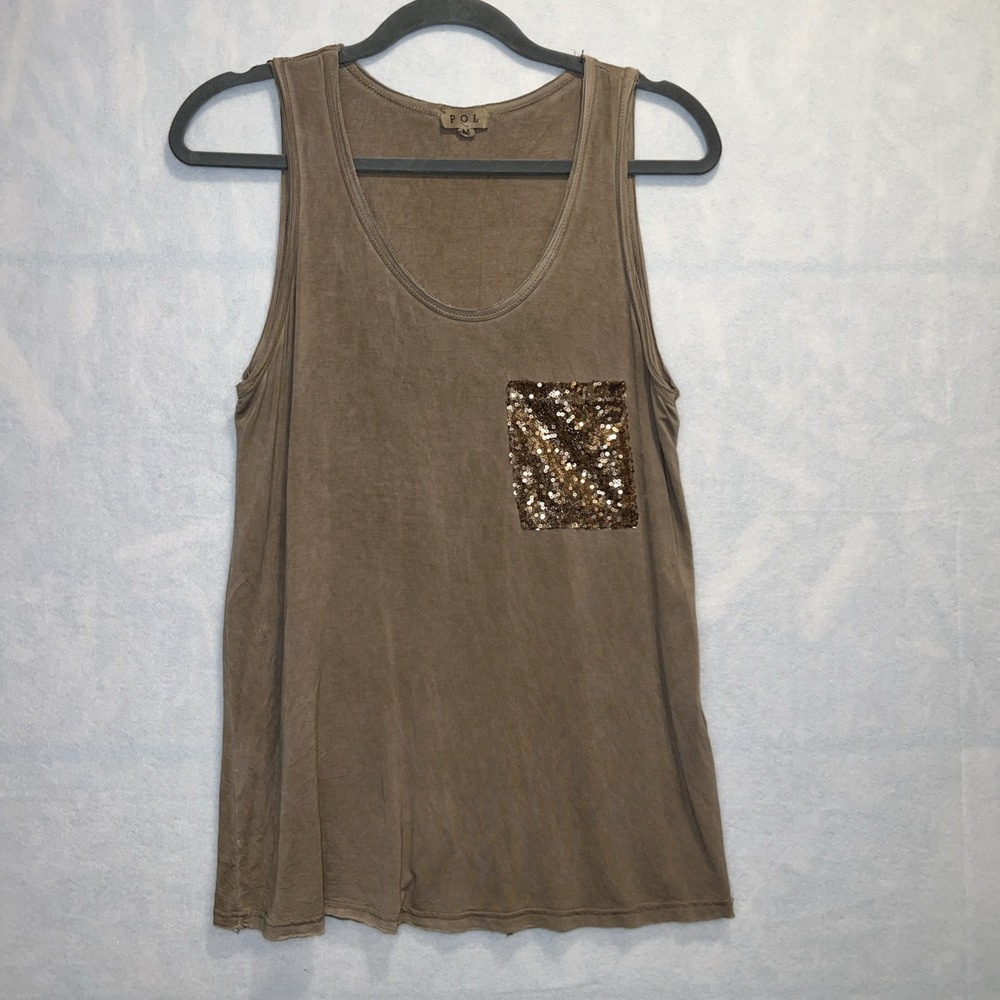 POL Acid Washed Tank with Sequin Front Pocket - Size Medium